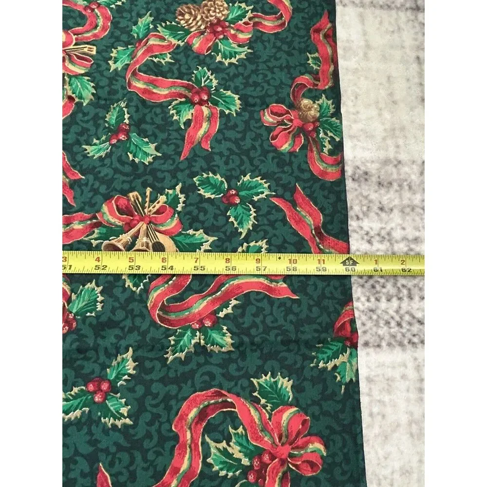 Christmas Fabric Remnant Green w/ Ribbon, Pine Cones, Musical Instruments Print